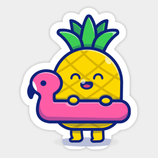 Cute Pineapple With Swimming Flamingo Sticker